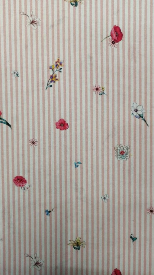 Fabric 100% Cotton | Poppy Print | Floral Stripe | Pink