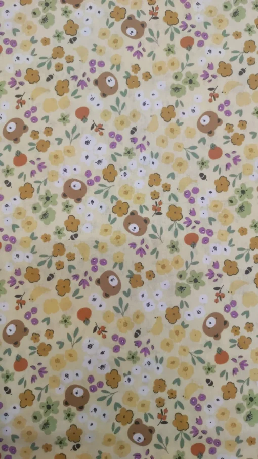 Tecido Algodão | 100% Algodão | Estampado Infantil  | Ursinho Floral(Fundo Amarelo)