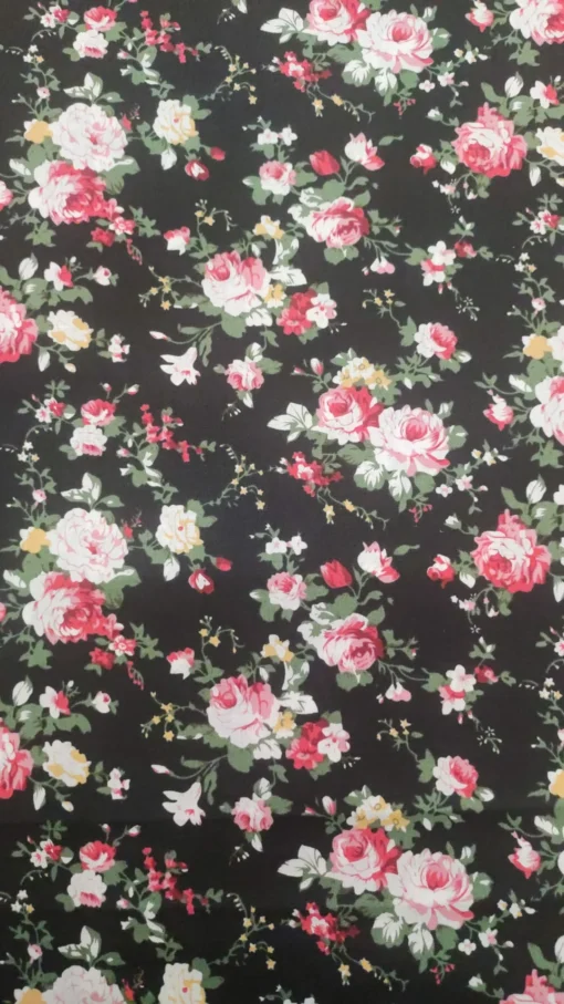 Tissu Coton | 100% Coton | Imprimé | Floral | Fond noir