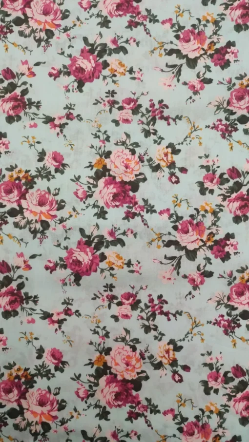 Tissu Coton | 100% Coton | Imprimé | Floral | Fond vert d'eau