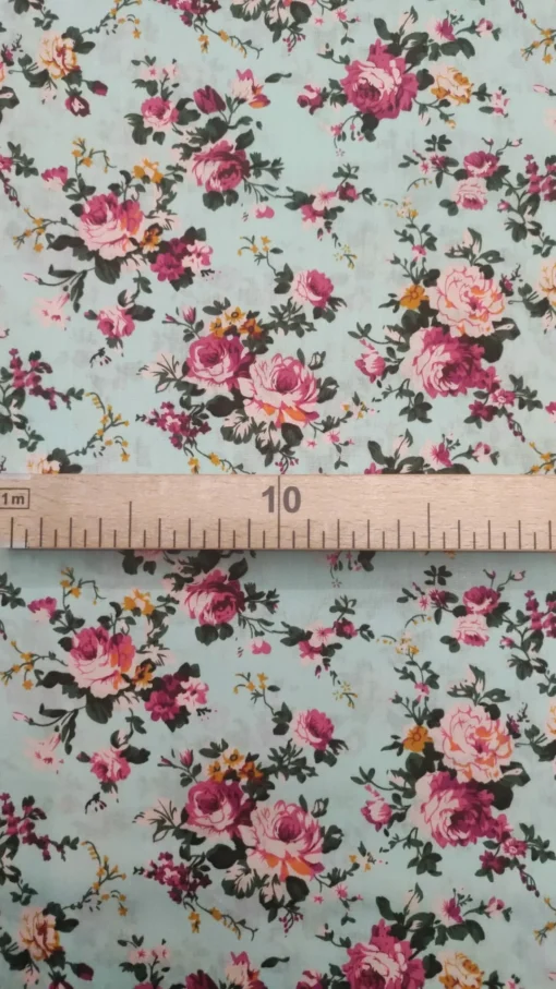 Tecido Algodão | 100% Algodão | Estampado | Floral | Fundo Verde Água – Image 3