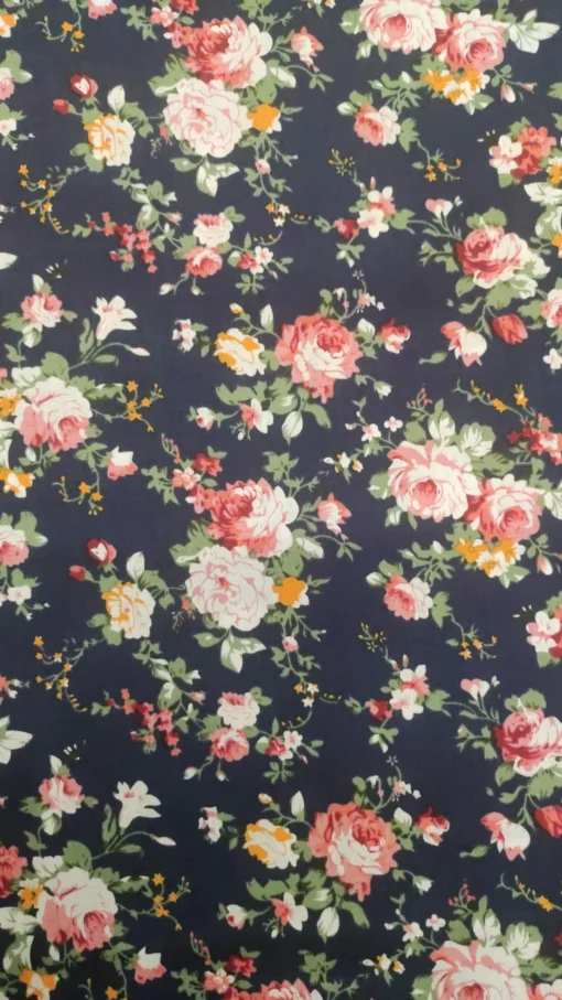 Tissu Coton | 100% Coton | Imprimé | Floral | Fond bleu foncé