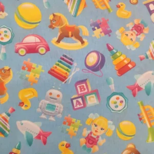 Tecido 100% Algodão | Estampado Infantil | Brinquedos (Fundo Azul)