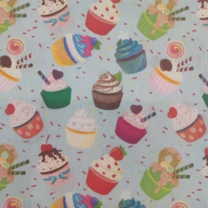Tecido 100% Algodão | Estampado | Pastelaria | Cupcake | Fundo Azul