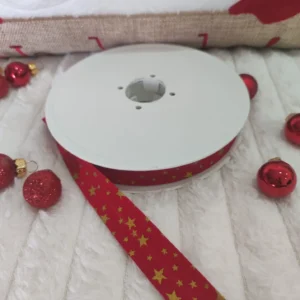 Fita Viés | 18MM | Natal | Estrelas Lurex Dourado | Vermelho