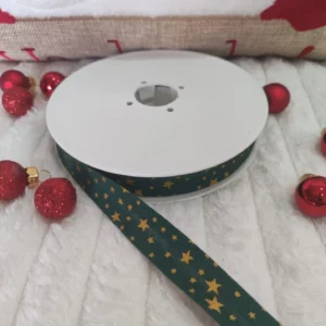 Fita Viés | 18MM | Natal | Estrelas Lurex Dourado | Verde Escuro