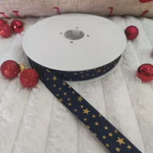 Fita Viés | 18MM | Natal | Estrelas Lurex Dourado | Azul Escuro