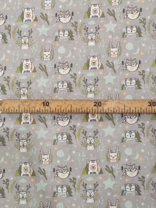 Tecido Algodão | 100% Algodão | Estampado Infantil | Animais do Bosque (cinza)